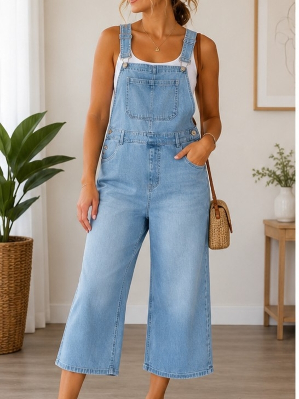 Collection L Light Wash Denim Overalls Cropped Wide Leg Dungarees